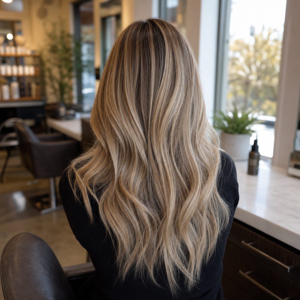 Soft blonde balayage styled in loose beachy waves