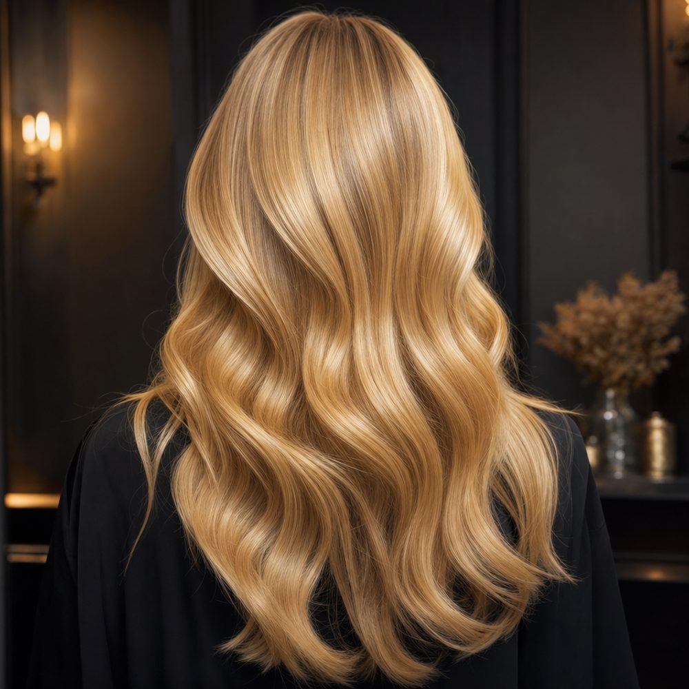Golden blonde waves after a gloss and tone