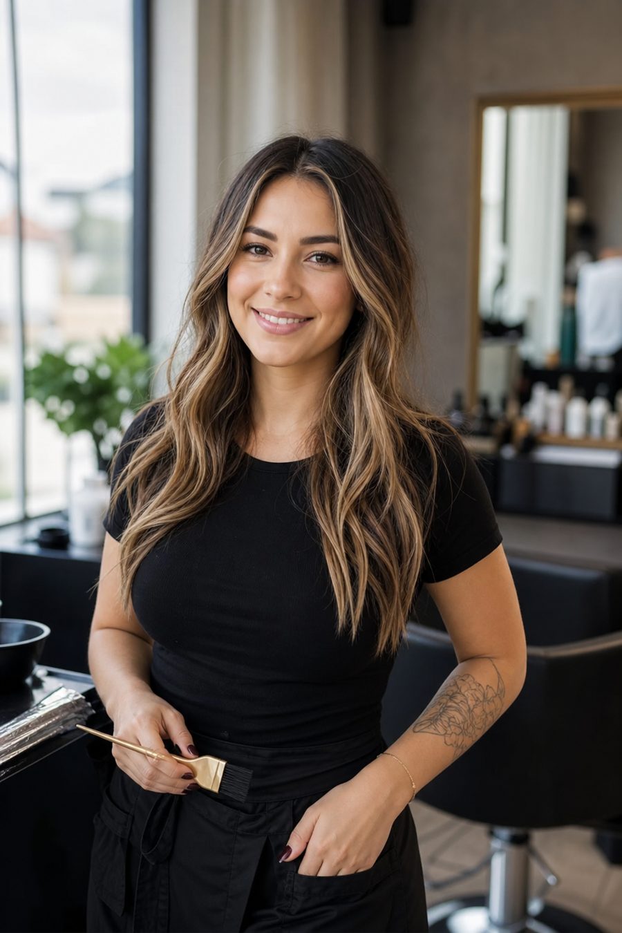 Maya Reyes, independent color specialist, smiling in her studio suite