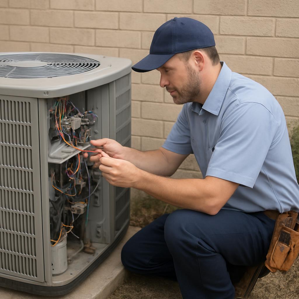 Technician servicing an outdoor AC condenser