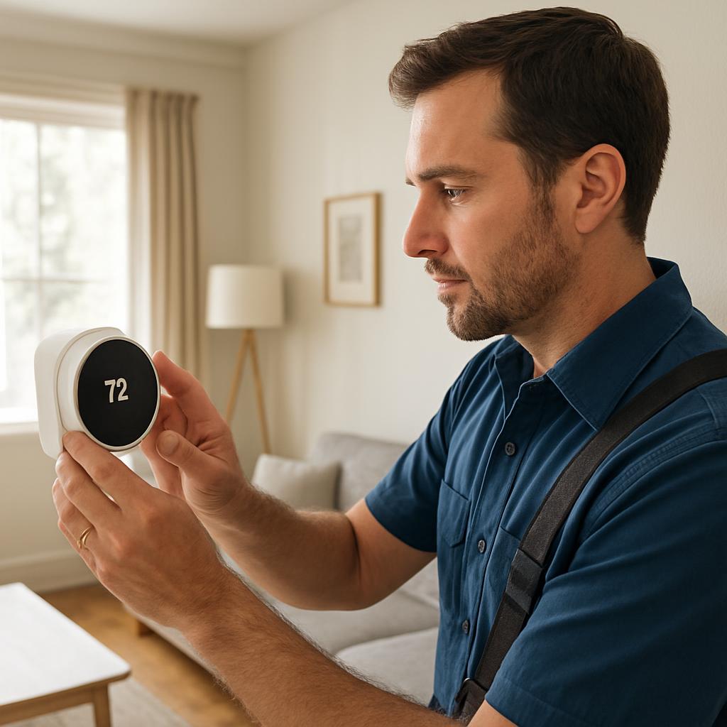 Technician adjusting a smart thermostat