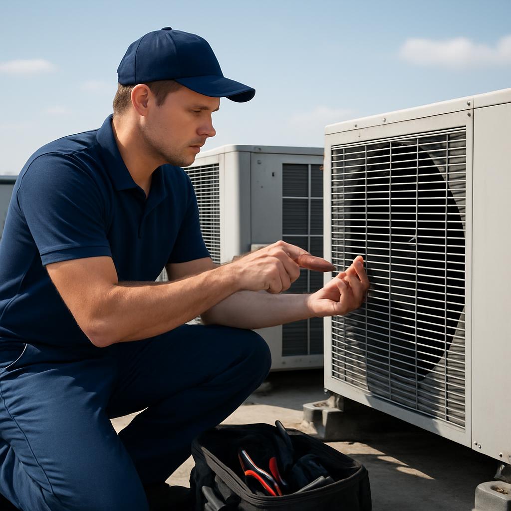 Technician servicing rooftop HVAC units