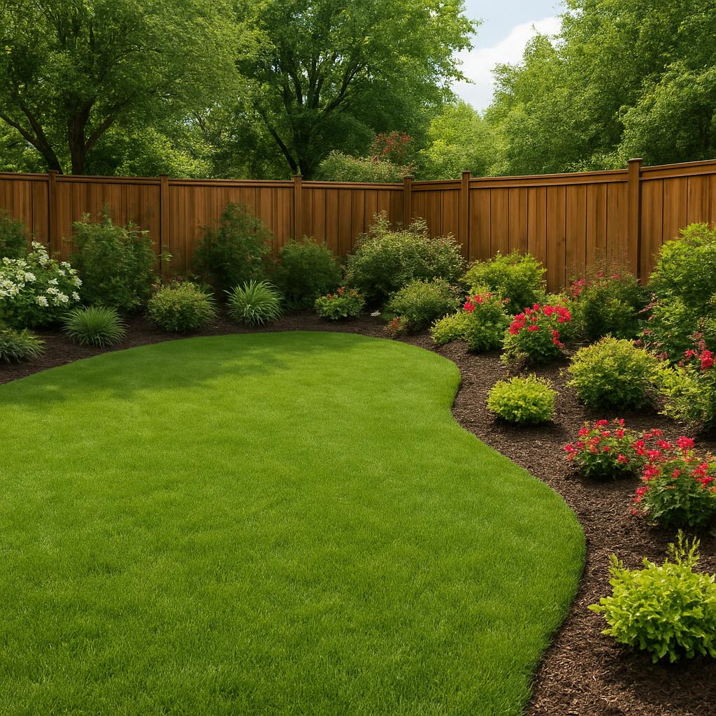 Freshly landscaped backyard with green lawn
