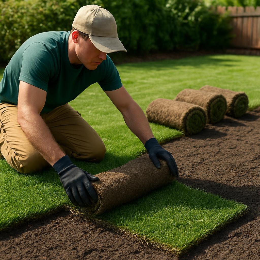 Landscaper laying fresh sod