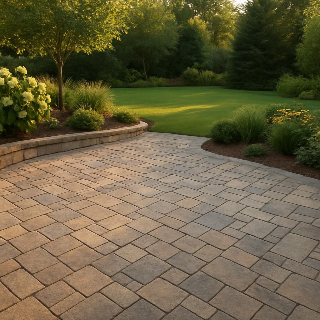 Stone paver patio in a landscaped yard