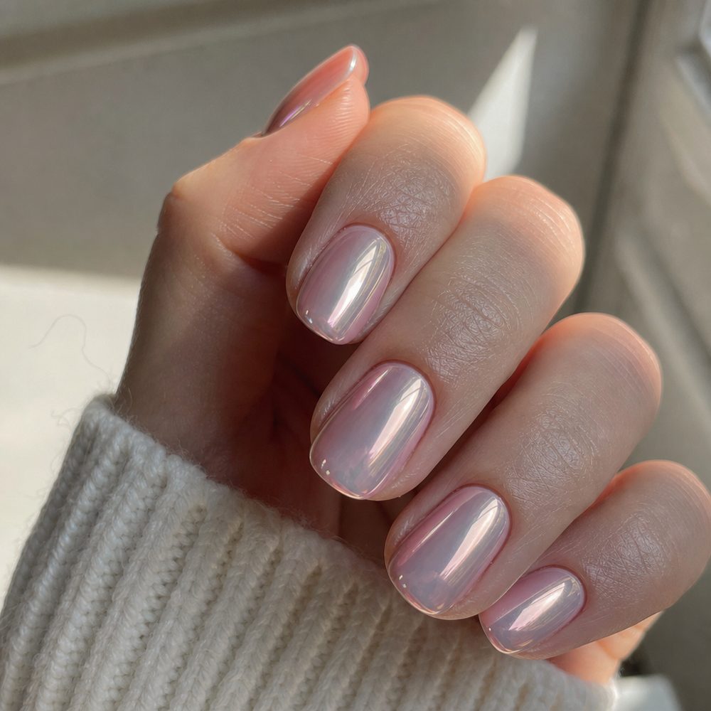 Glazed pearl chrome manicure on short round nails by Nova Nail Studio