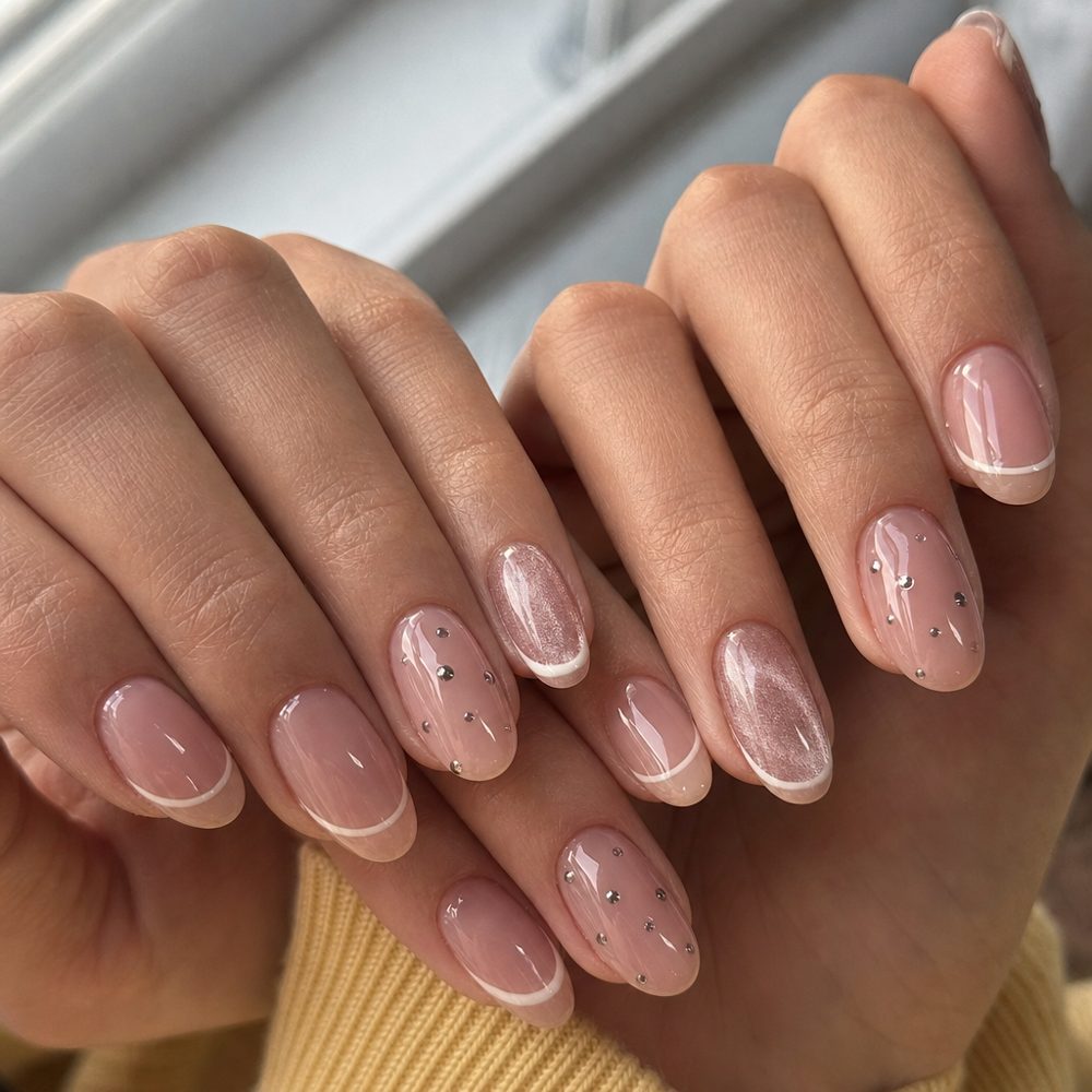 Micro French set with shimmer cat-eye accents and crystal details