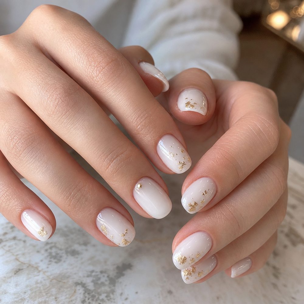 Milky white manicure with delicate gold foil accents by Riley Quinn