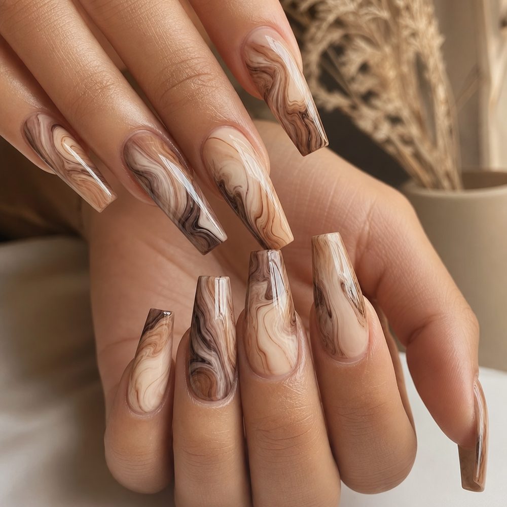 Long coffin nails with abstract marble swirl art in earthy tones