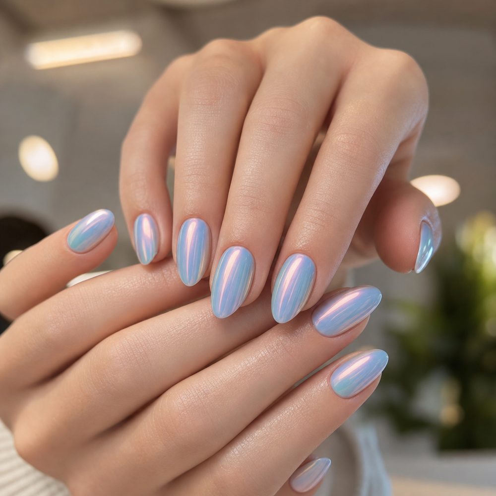 Pastel blue chrome ombre mirror manicure on almond nails