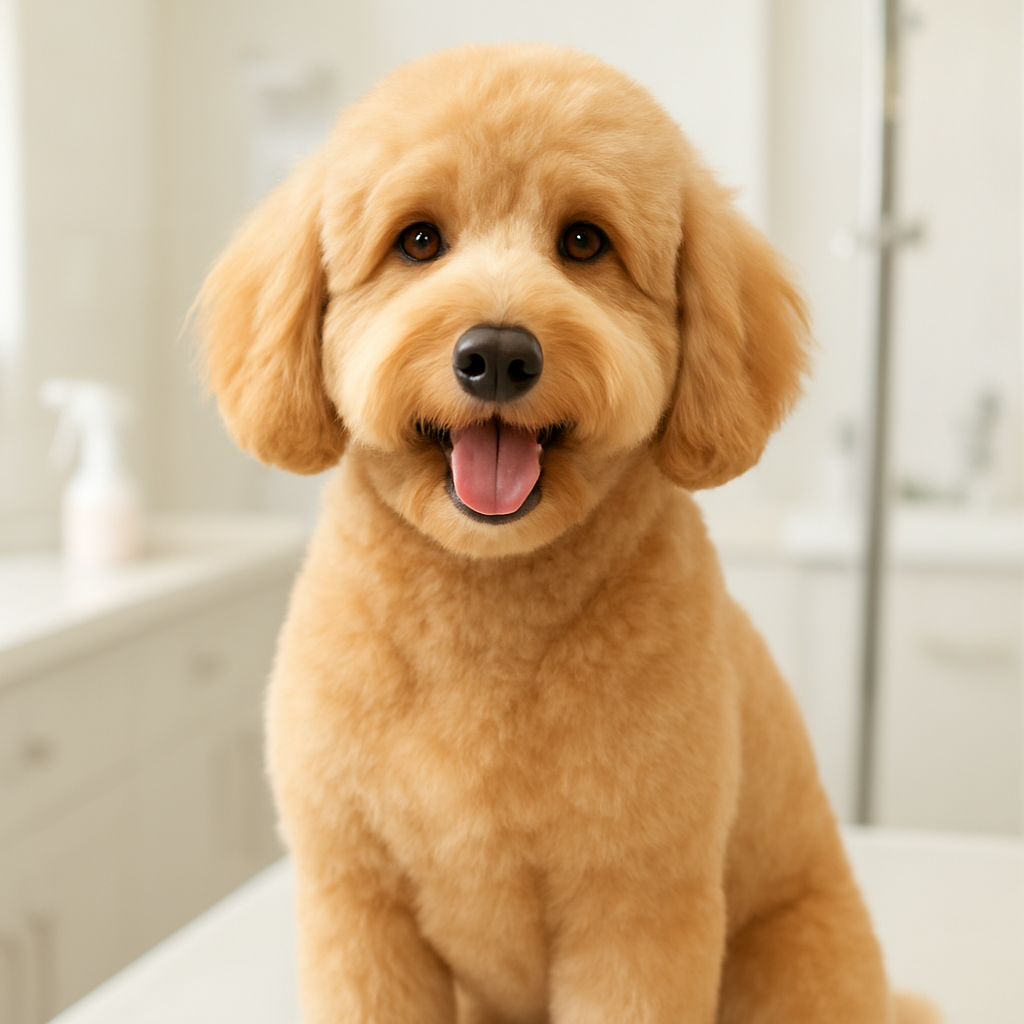 Freshly groomed fluffy doodle at Happy Tails Pet Grooming