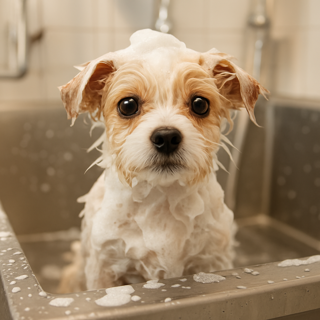 Small dog enjoying a gentle bath at Happy Tails Pet Grooming