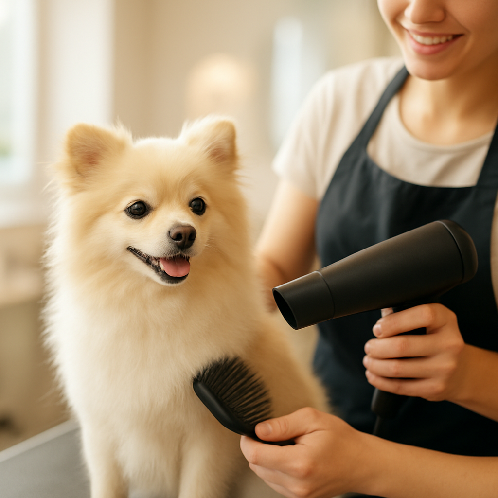 Dog being blow-dried and brushed at Happy Tails Pet Grooming