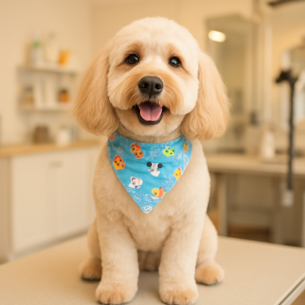 Happy clean groomed dog wearing a bandana at Happy Tails Pet Grooming