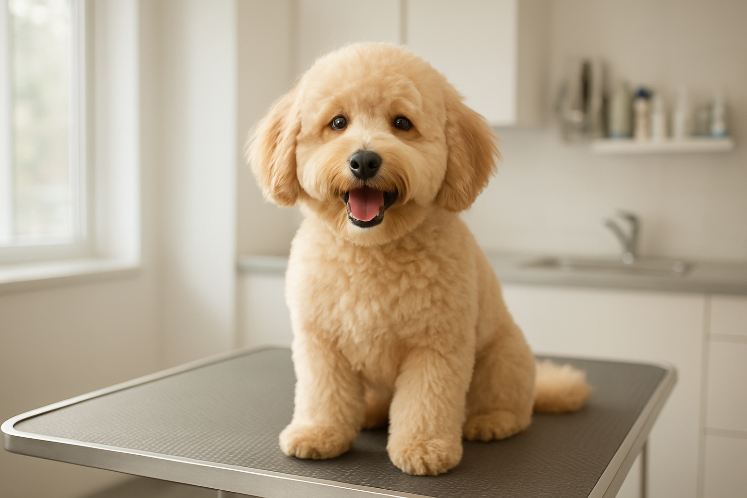 Happy freshly groomed doodle on a grooming table at Happy Tails Pet Grooming in Lakewood