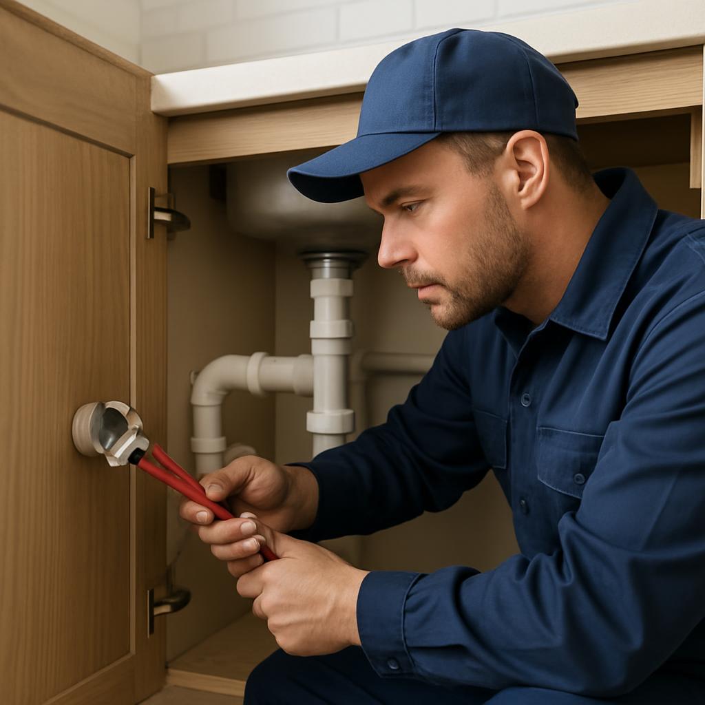 Plumber repairing pipes under a sink