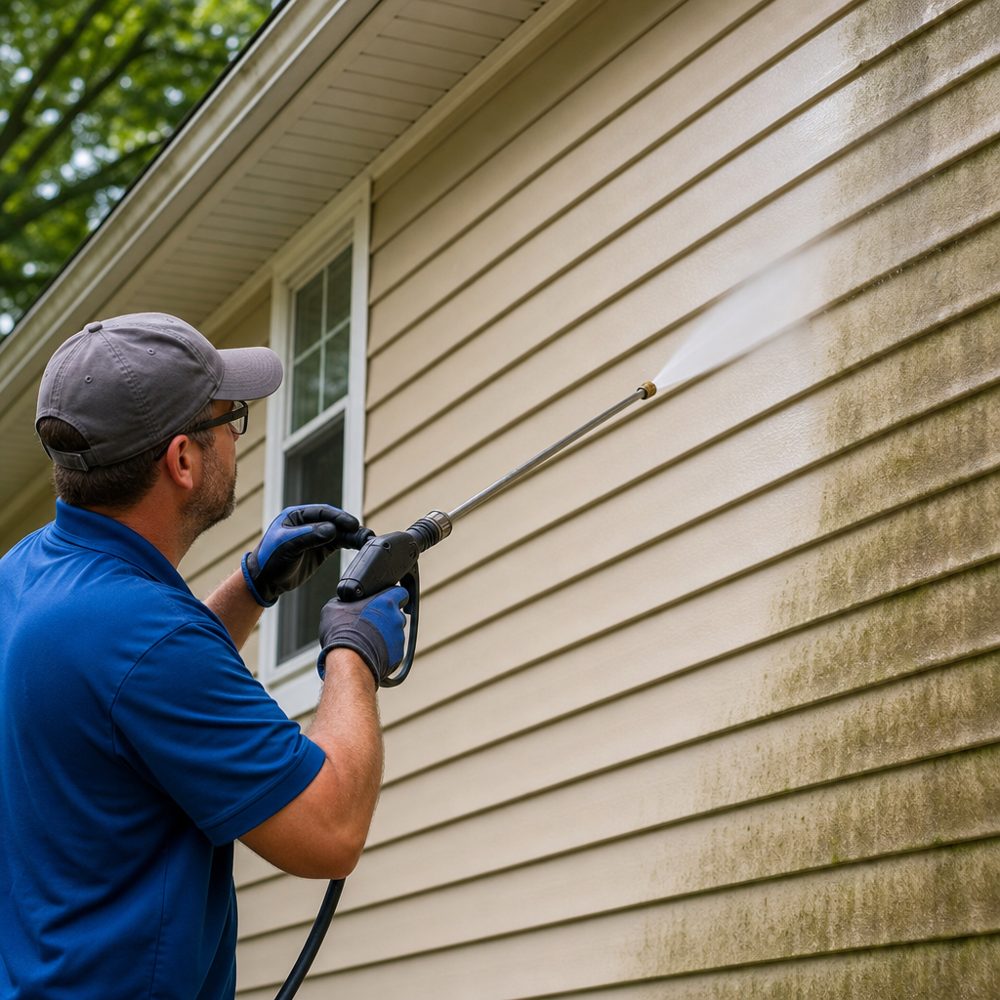 Soft-wash cleaning lifting grime off house siding
