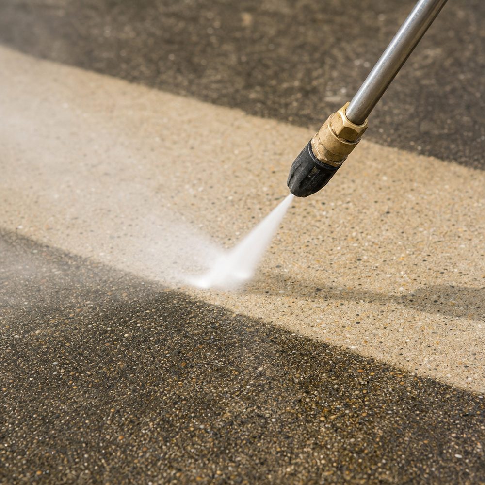 Pressure washer stripping grime from a concrete driveway
