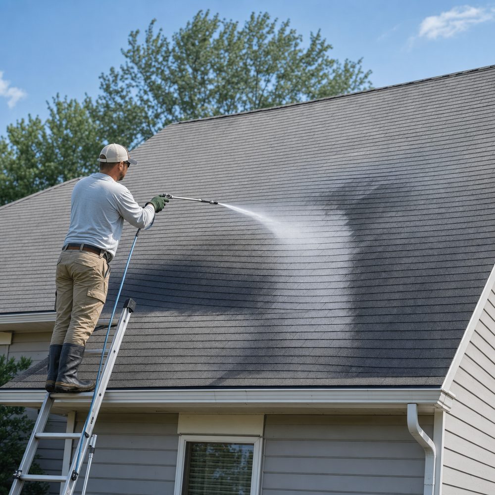 Roof being cleaned of algae with low-pressure soft washing