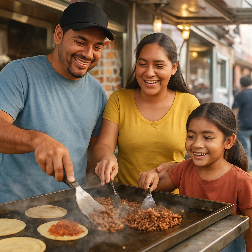The family cooking at the Tacos El Sol taco truck grill