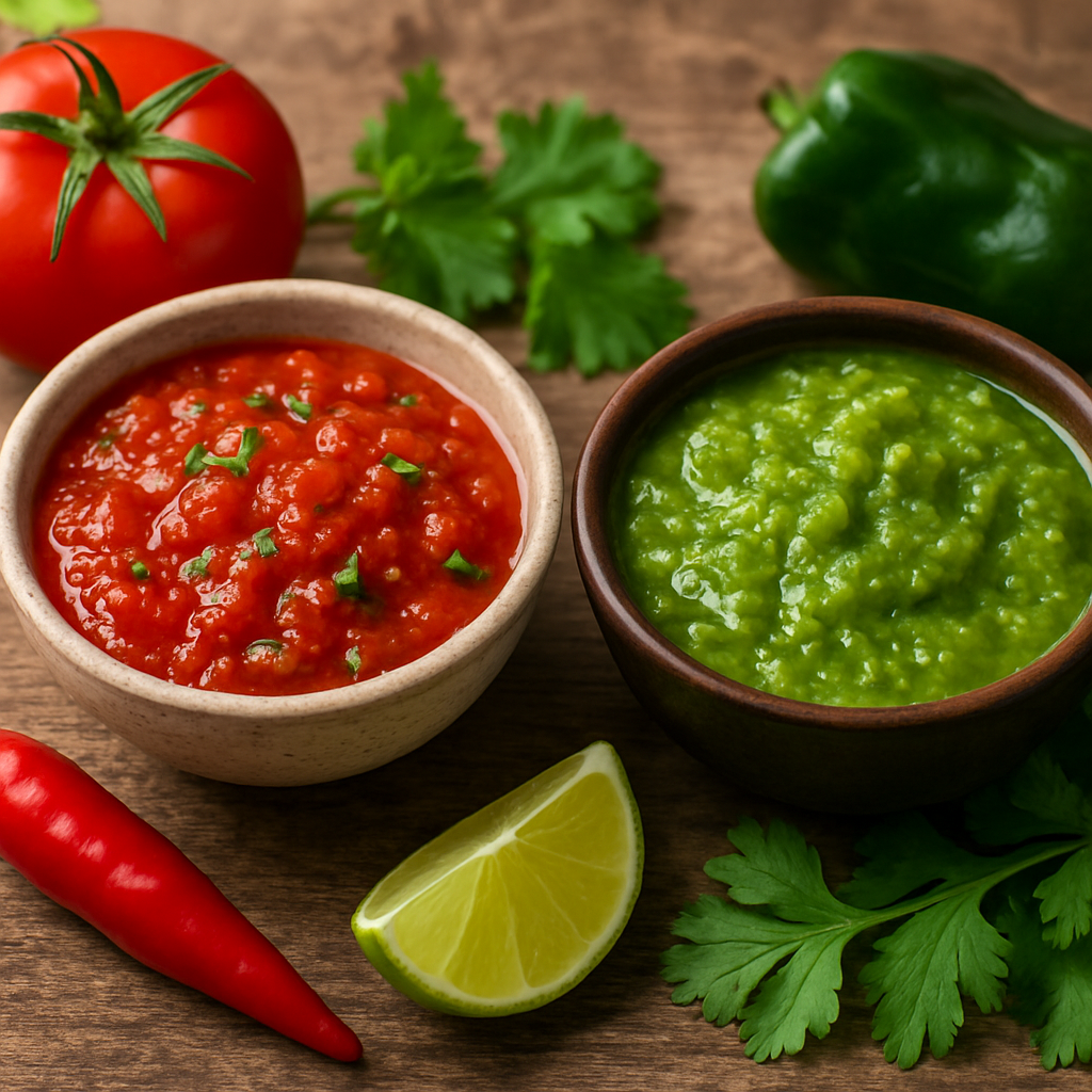 Homemade red and green salsas at Tacos El Sol