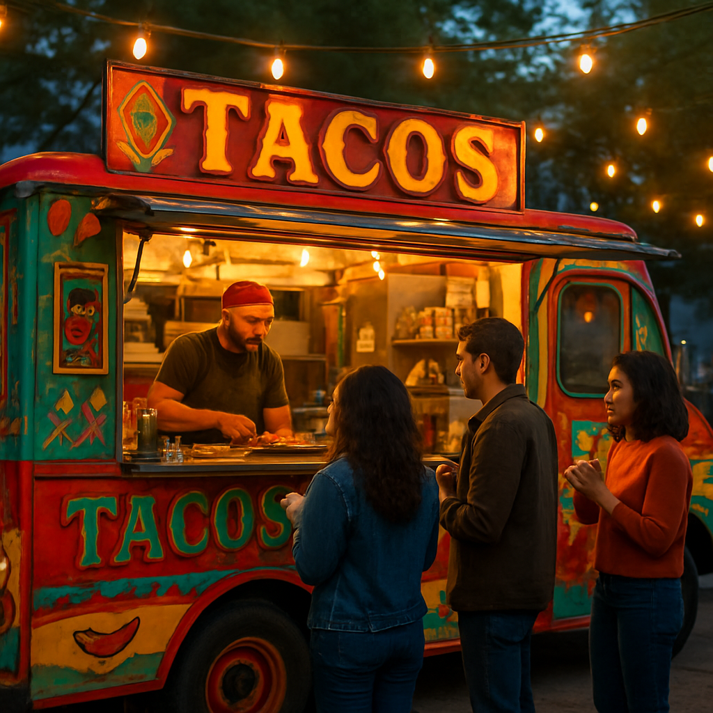 The Tacos El Sol taco truck in the evening