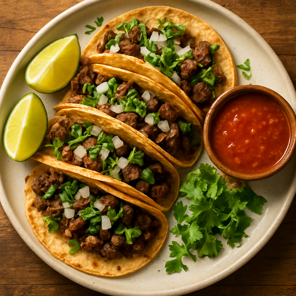 Loaded plate of authentic Mexican street tacos at Tacos El Sol in Denver