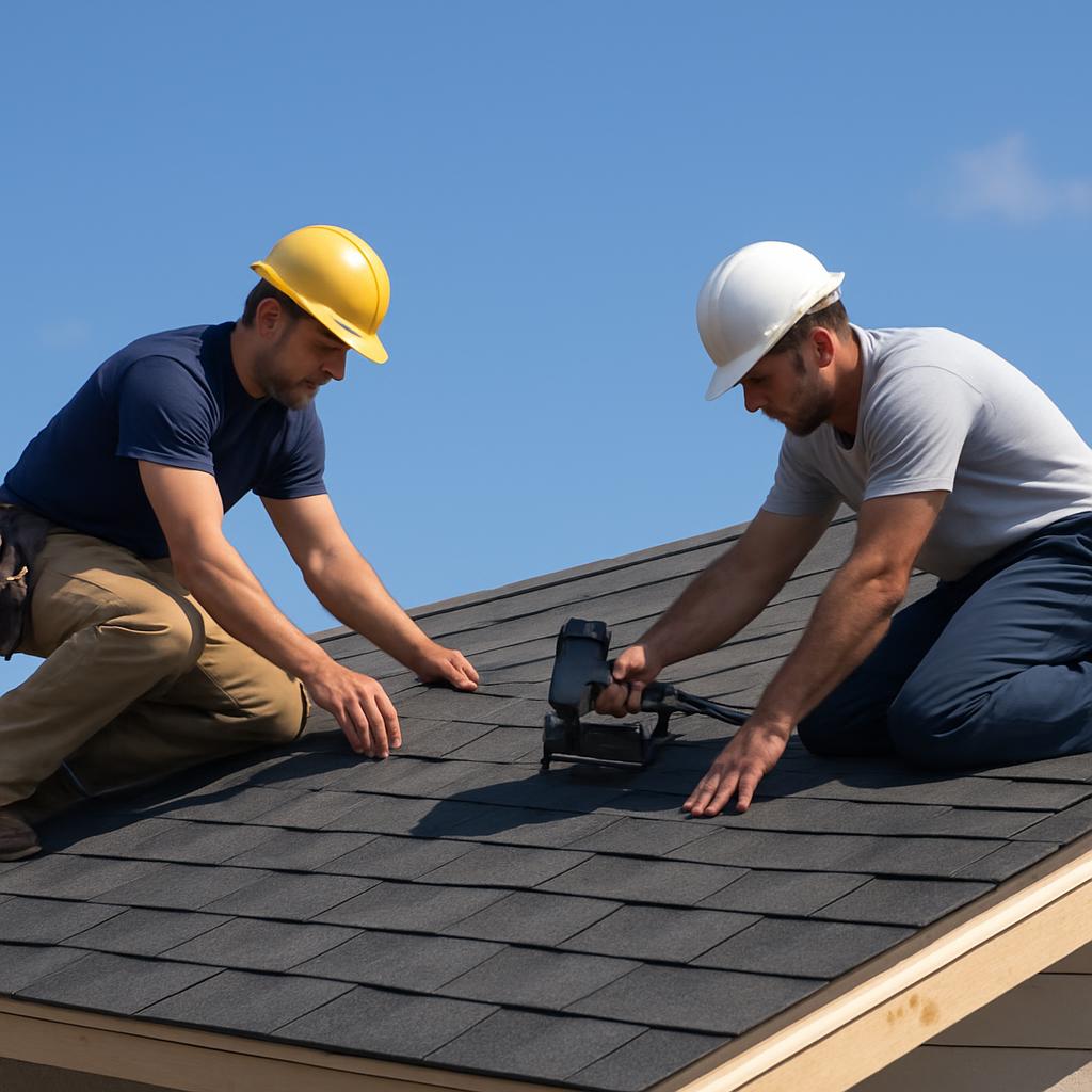 Roofers installing shingles on a house