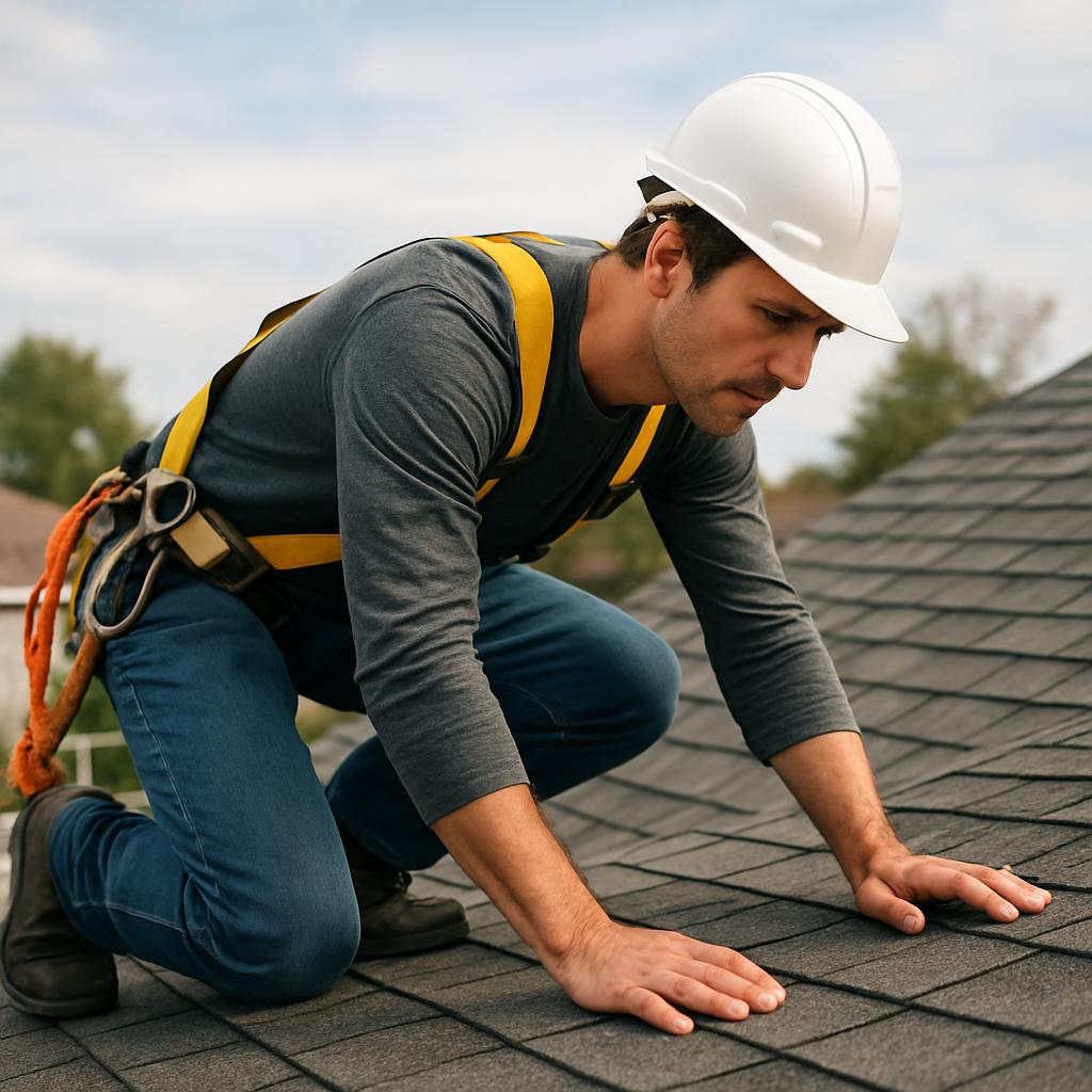 Roofer inspecting a roof safely