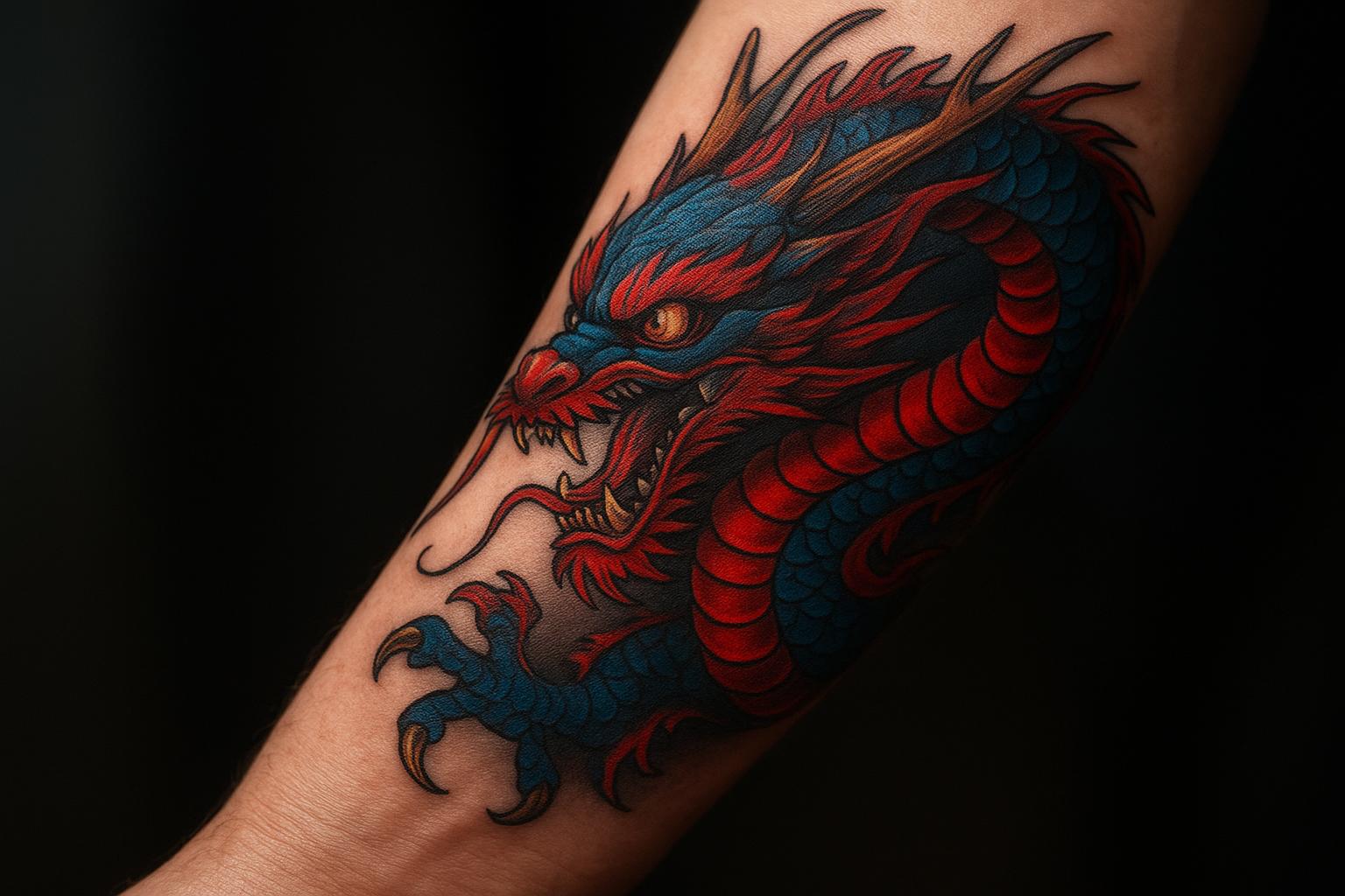 Color Japanese dragon forearm tattoo by Ironwolf Tattoo Studio in Denver