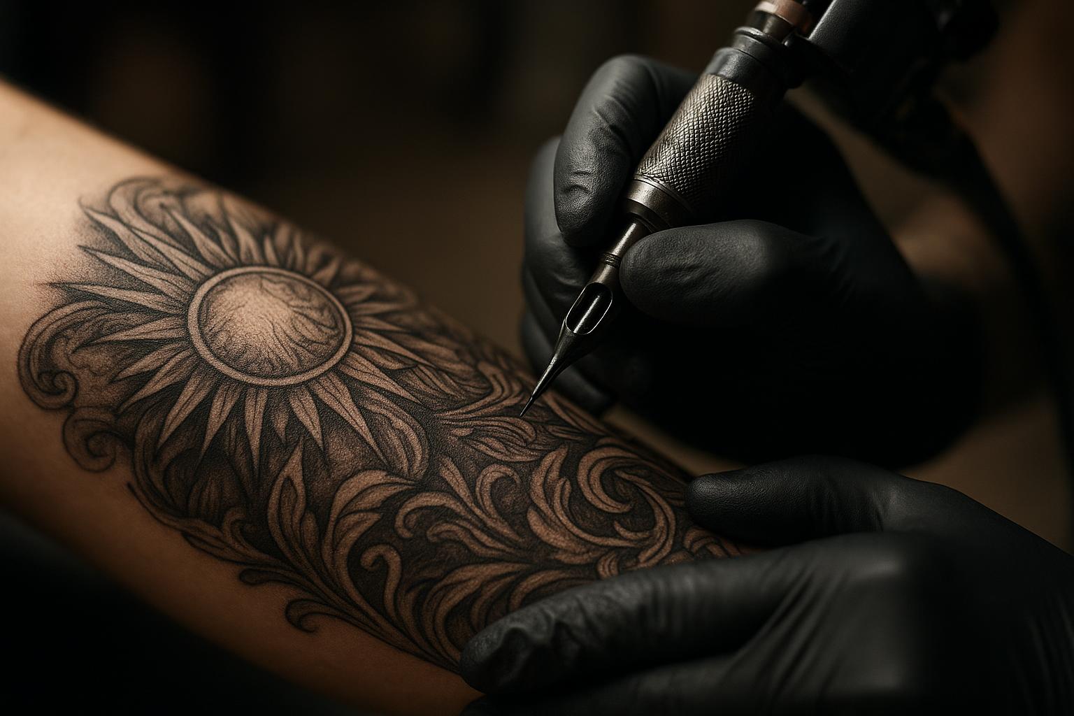 Tattoo artist at work on a black and grey piece at Ironwolf Tattoo Studio
