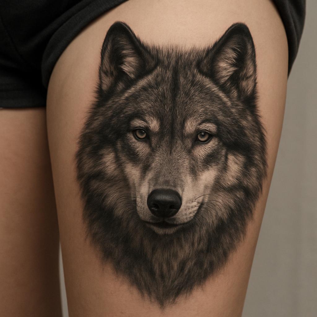 Black and grey wolf tattoo by Ironwolf Tattoo Studio
