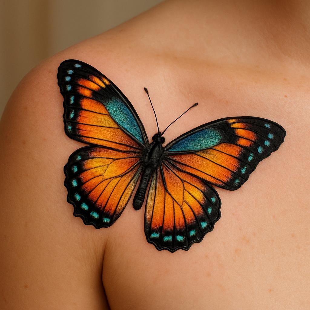 Color butterfly shoulder tattoo by Ironwolf Tattoo Studio