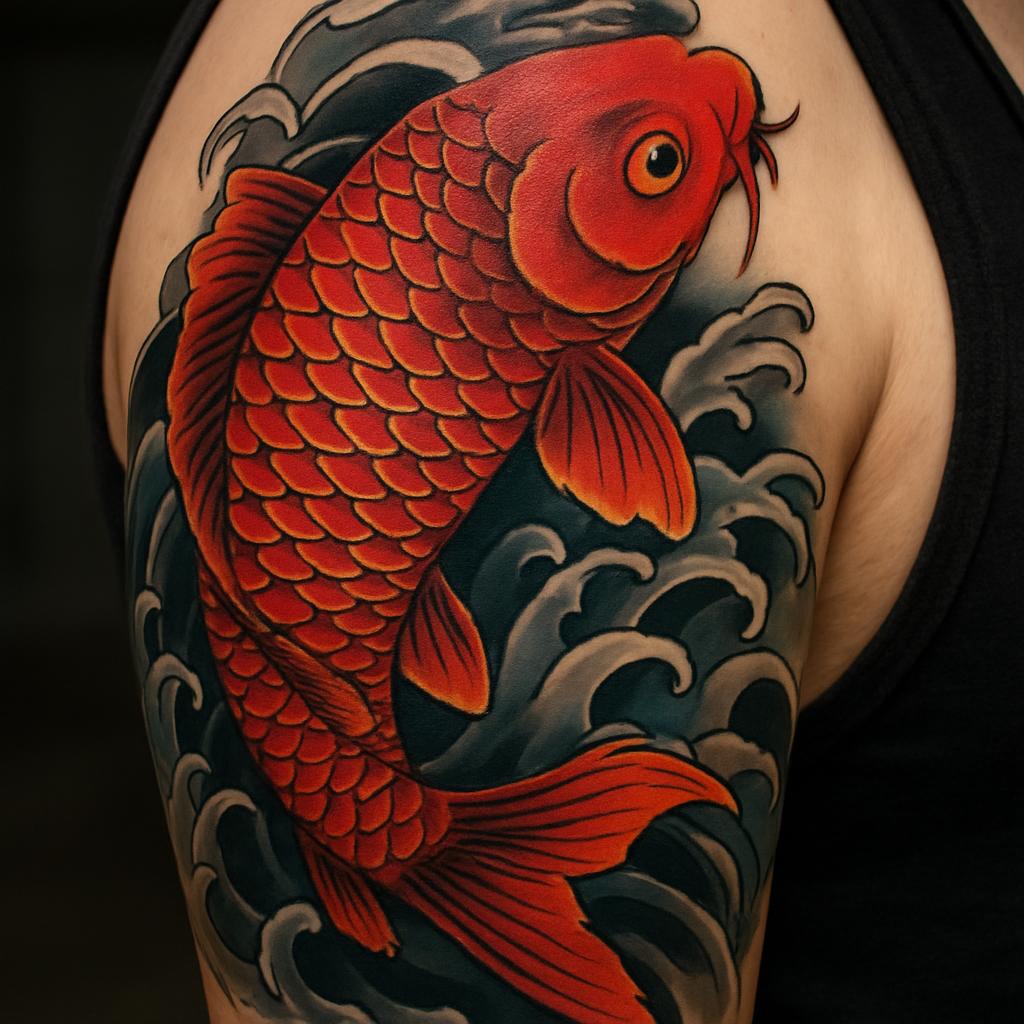 Color Japanese koi fish tattoo by Ironwolf Tattoo Studio