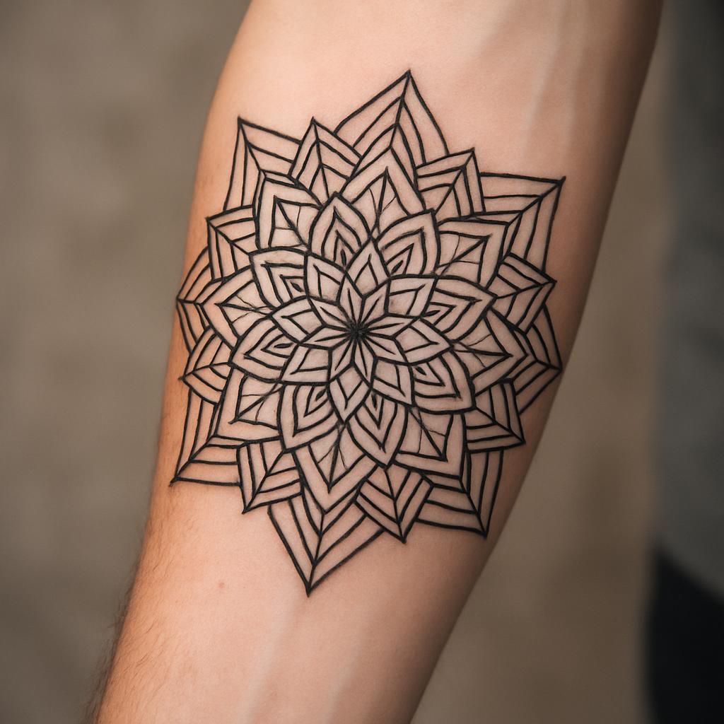 Geometric mandala forearm tattoo by Ironwolf Tattoo Studio